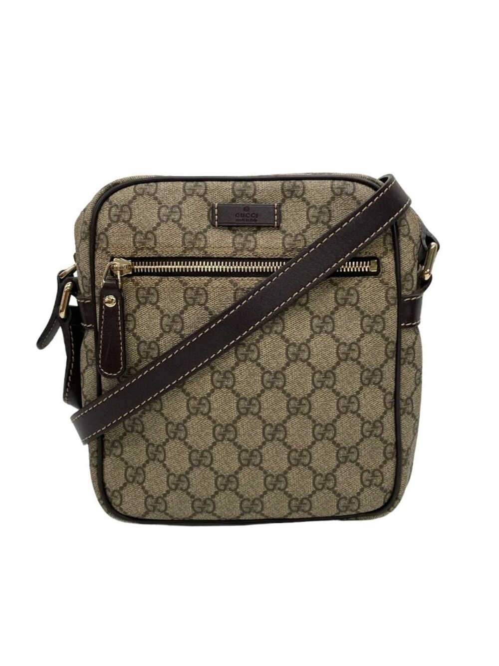 Gucci Shoulder Bag GG Plus Supreme Beige Dark Brown Crossbody Leather
